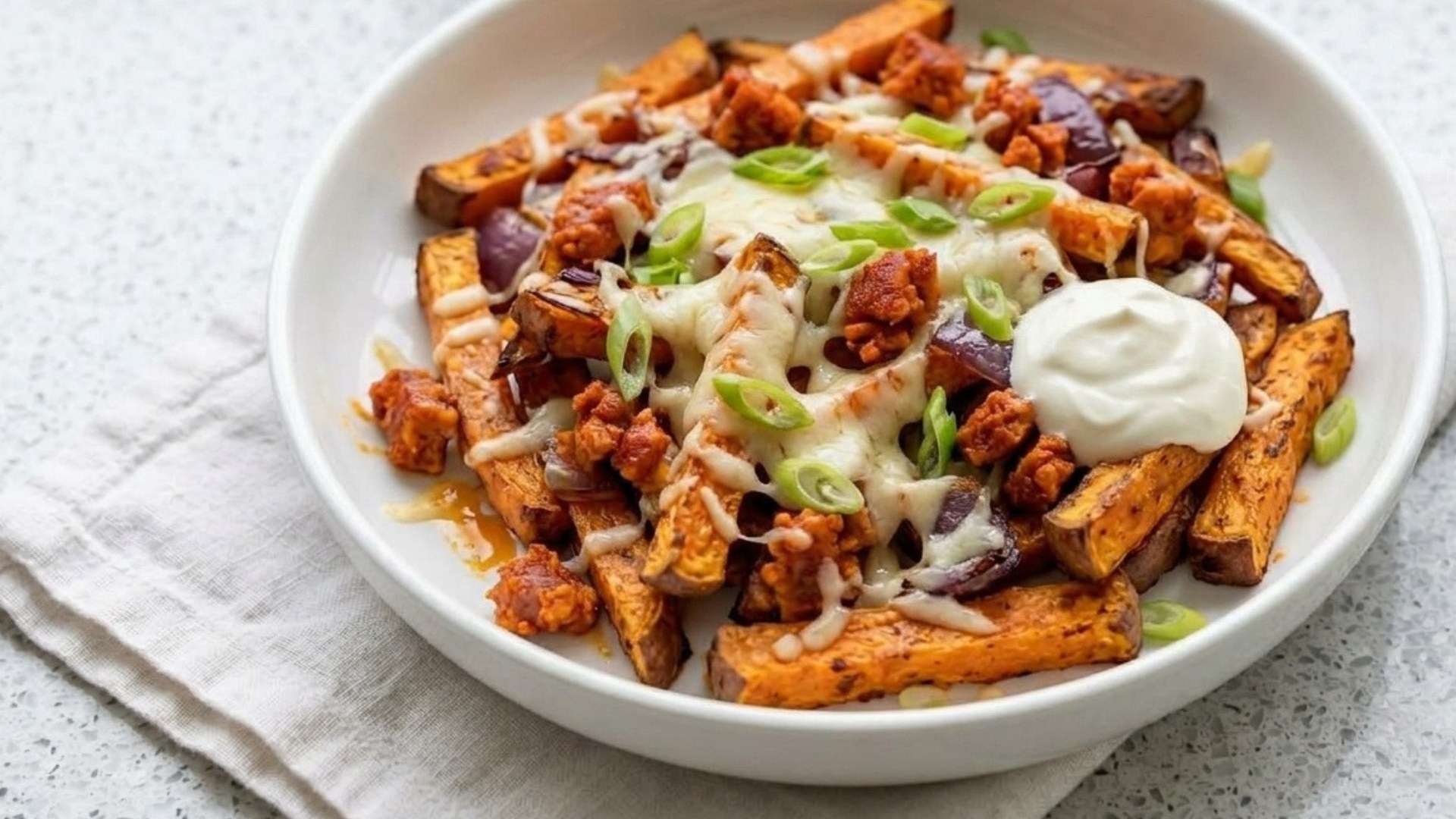Cheesy Chorizo Loaded Sweet Potato Fries