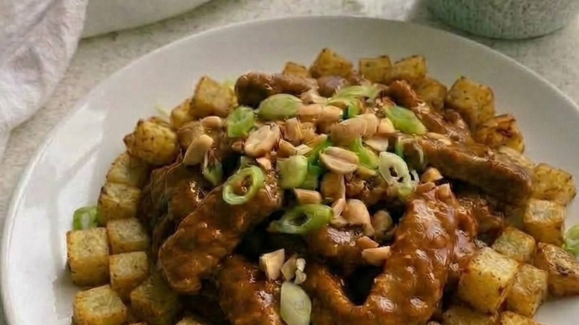 Indonesian-Style Peanut Pork with Roast Potato Chunks